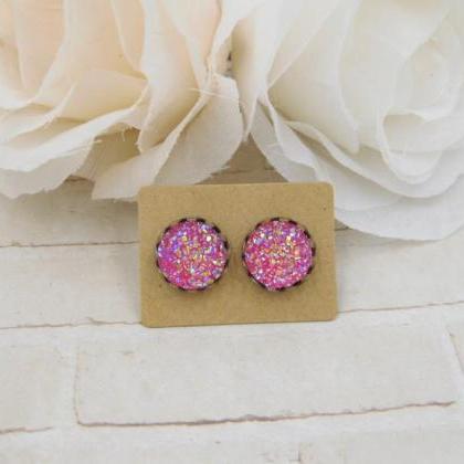 Pink Red Druzy Earrings - Iris Druz..