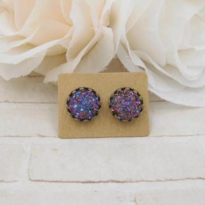Purple Blue Druzy Earrings - Iris Druzy Stud..