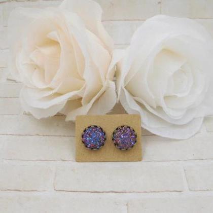 Purple Blue Druzy Earrings - Iris Druzy Stud..