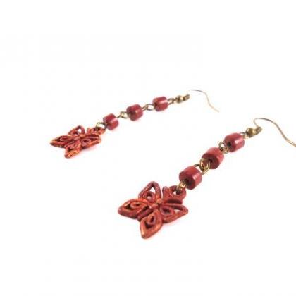 Red Butterfly Earrings - Red Tribal Earrings -..