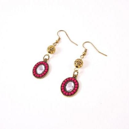 Gold Drop Earrings - Long Gold Earrings - Pink..