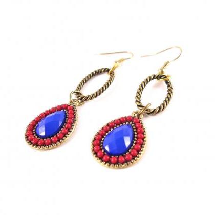 Blue Earrings - Pink Drop Earrings - Gold Drop..