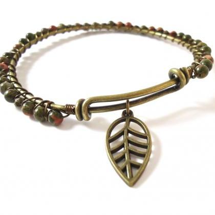 Bangle Bracelet - Adjustable Bracelet - Leaf..