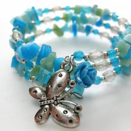Blue Floral Bracelet - Blue Hippie Bracelet - Wrap..