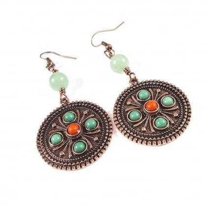 Orange Boho Earrings - Green Everyday Earrings -..