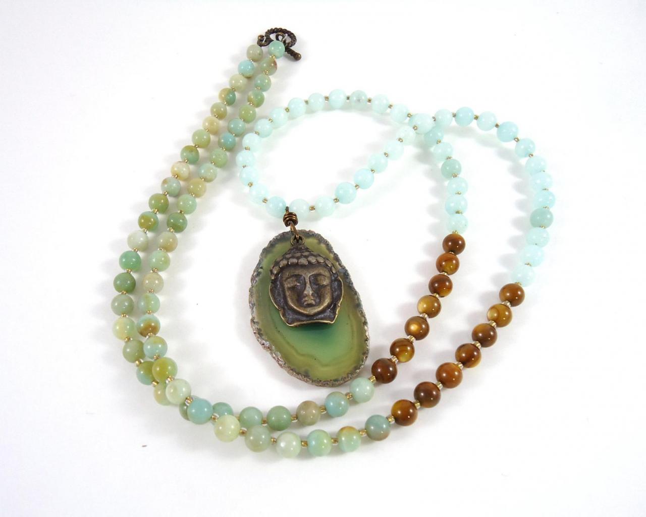 Amazonite Mala Necklace - Buddha Pendant Necklace - 108 Mala Prayer Beads