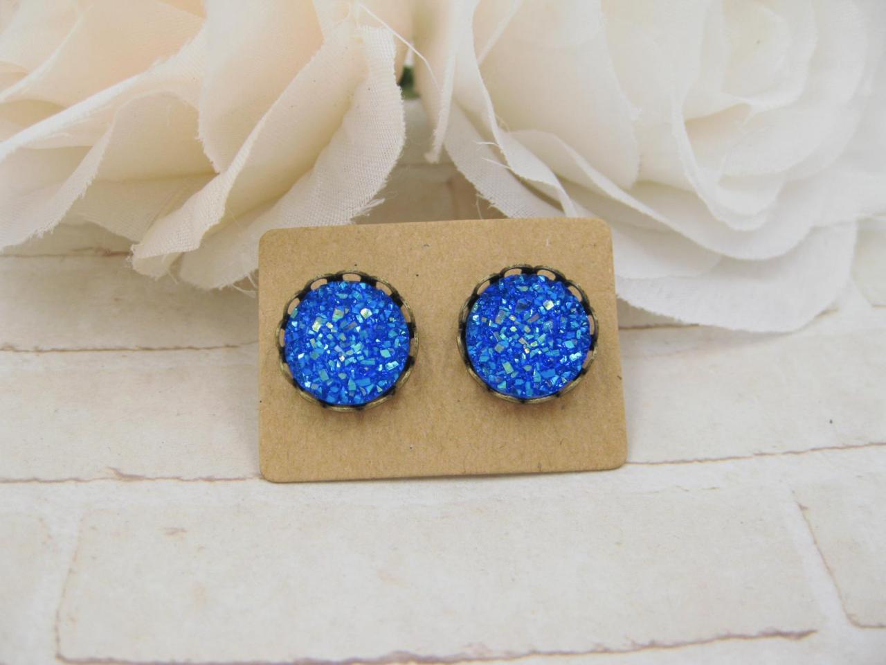 Royal Blue Druzy Earrings - Iris Druzy Stud Earrings - Faux Druzy Post Earrings