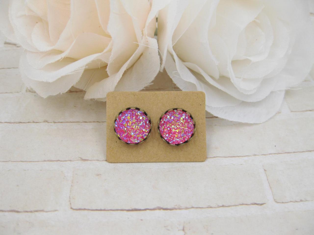 Pink Red Druzy Earrings - Iris Druzy Stud Earrings - Faux Druzy Post Earrings