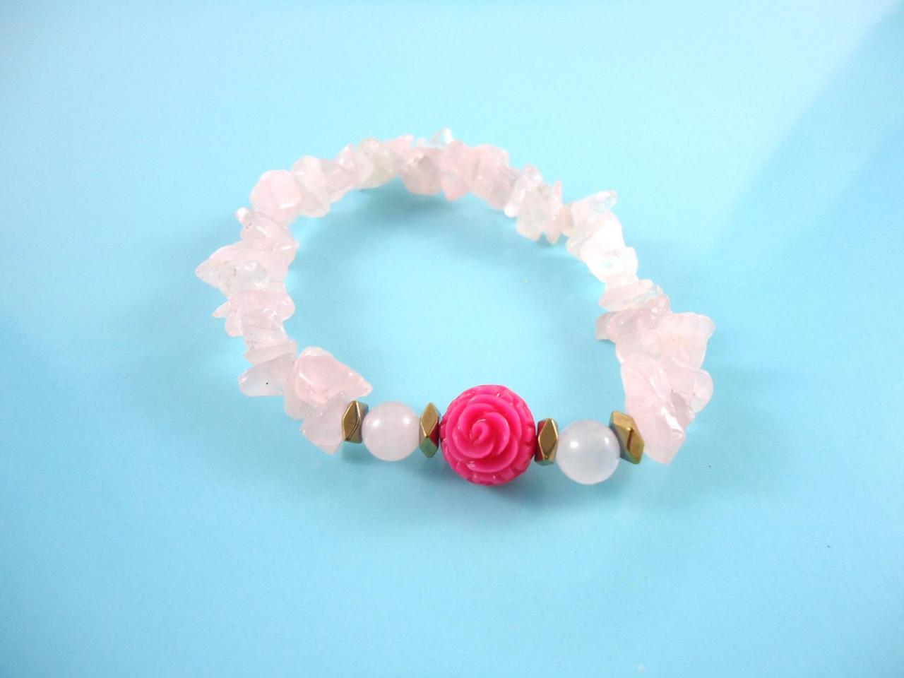 Quartz Rose Bracelet - Rose Boho Bracelet - Quartz Pink Bracelet - Boho Quartz Bracelet - Boho Pink Bracelet - Quartz Bohemian Jewelry