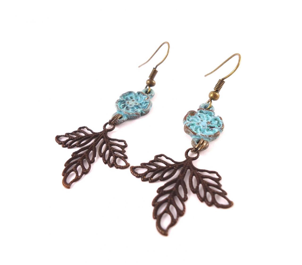 Rustic Leaf Jewelry - Boho Small Earrings - Turquoise Small Earrings - Rustic Small Earrings - Blue Dainty Earrings - Turquoise Dainty Earri
