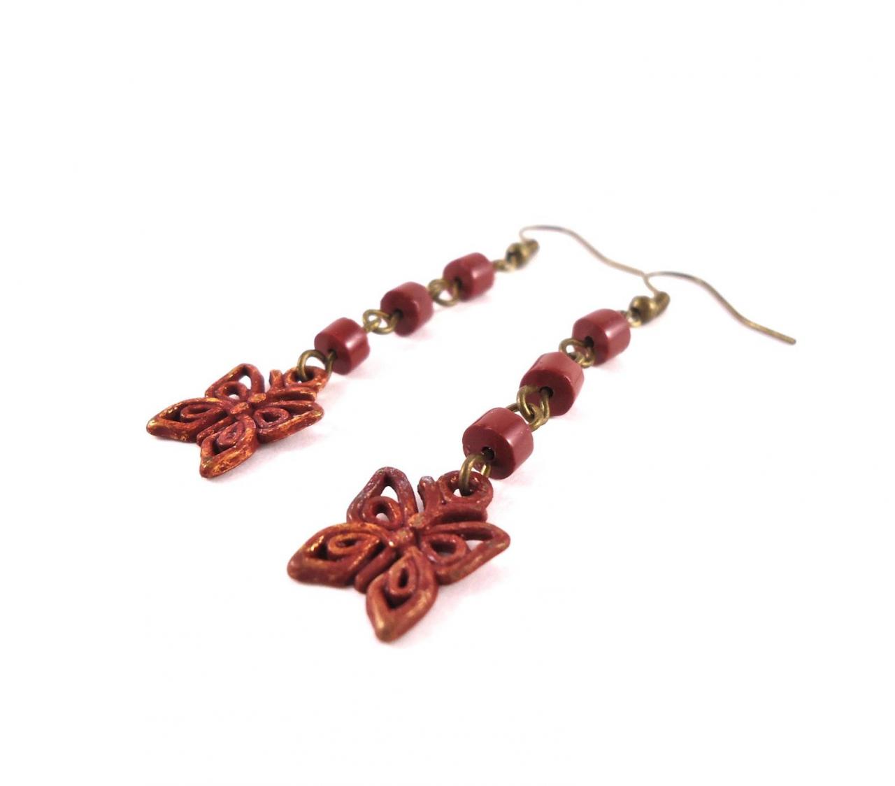 Red Butterfly Earrings - Red Tribal Earrings - Long Summer Earrings - Long Rustic Earrings - Red Butterfly Jewelry - Boho Red Earrings