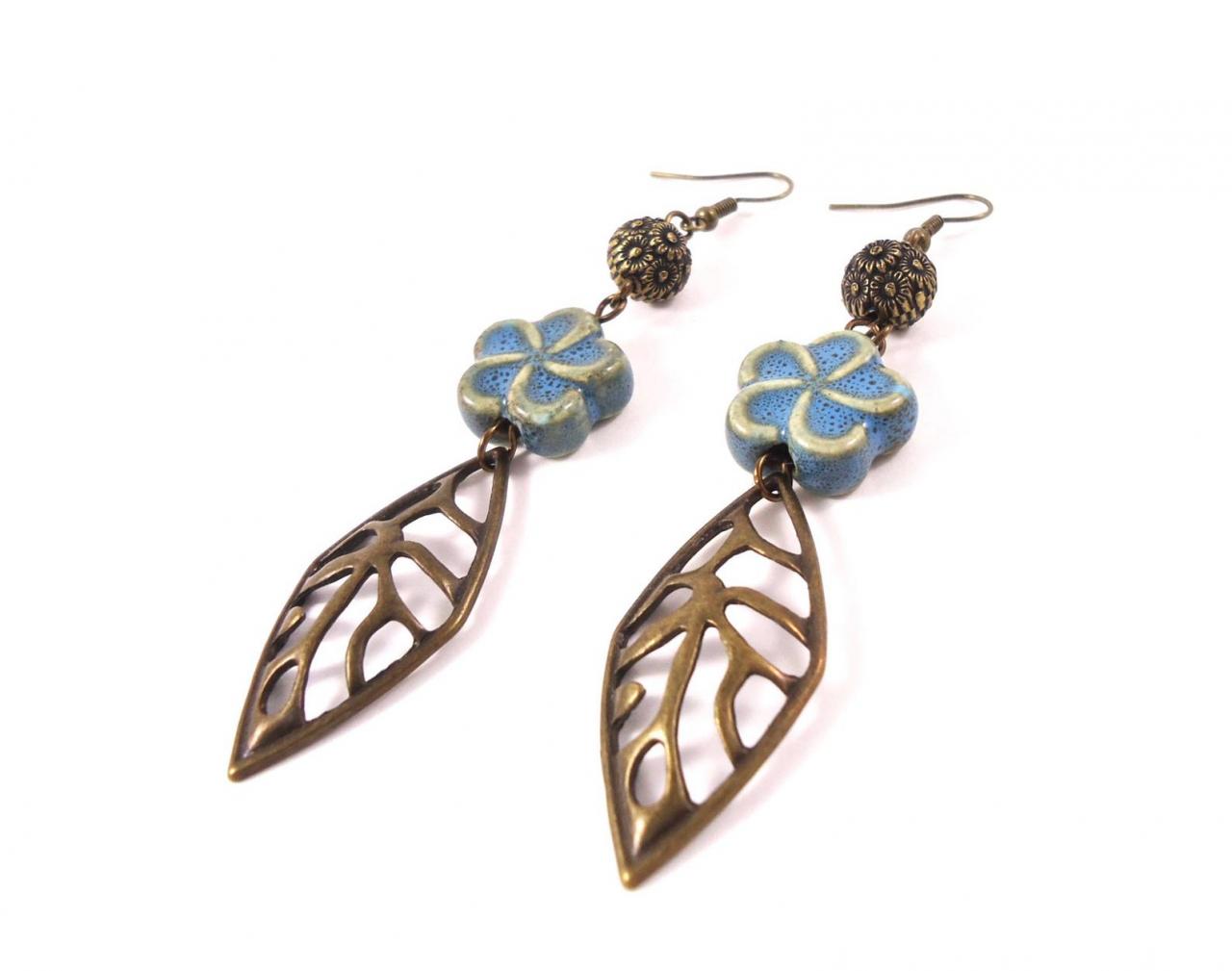 Flower Ethnic Earrings - Summer Boho Jewelry - Long Earrings Tribal - Blue Ethnic Earrings - Brass Ethnic Earrings - Long Ethnic Earrings