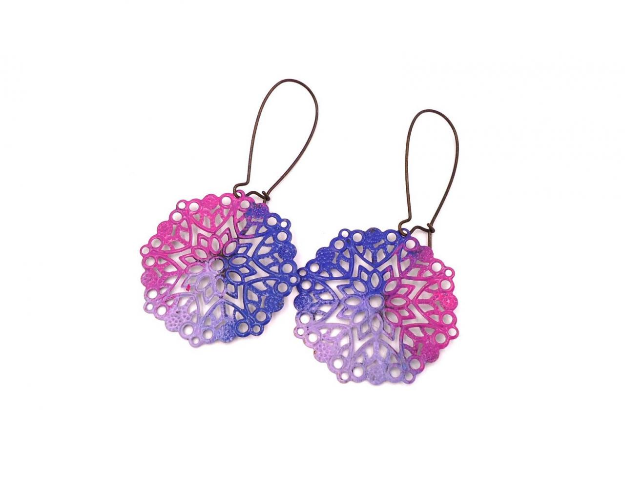 Pink Blue Earrings - Round Earrings - Unicorn Jewelry - Gift For Girl - Lightweight Earrings - Floral Earrings - Everyday Jewelry