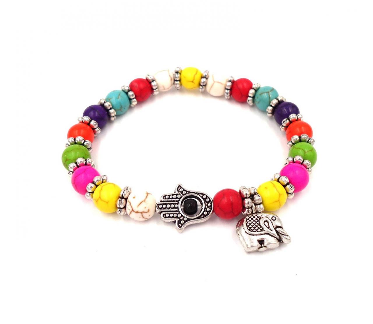 Hamsa Bracelet - Beaded Bracelet - Boho Bracelet - Protection Bracelet - Multi Colored - Colorful Bracelet Good Luck Gift Elephant Bracelet