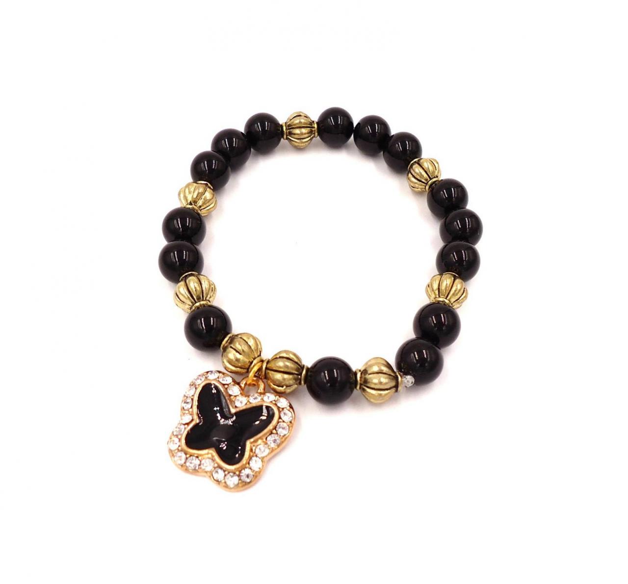 Black Agate Bracelet - Butterfly Charm Bracelet - Crystal Bracelet - Healing Stones - Women Charm Bracelet - Bead Bracelet Gemstone Bracelet
