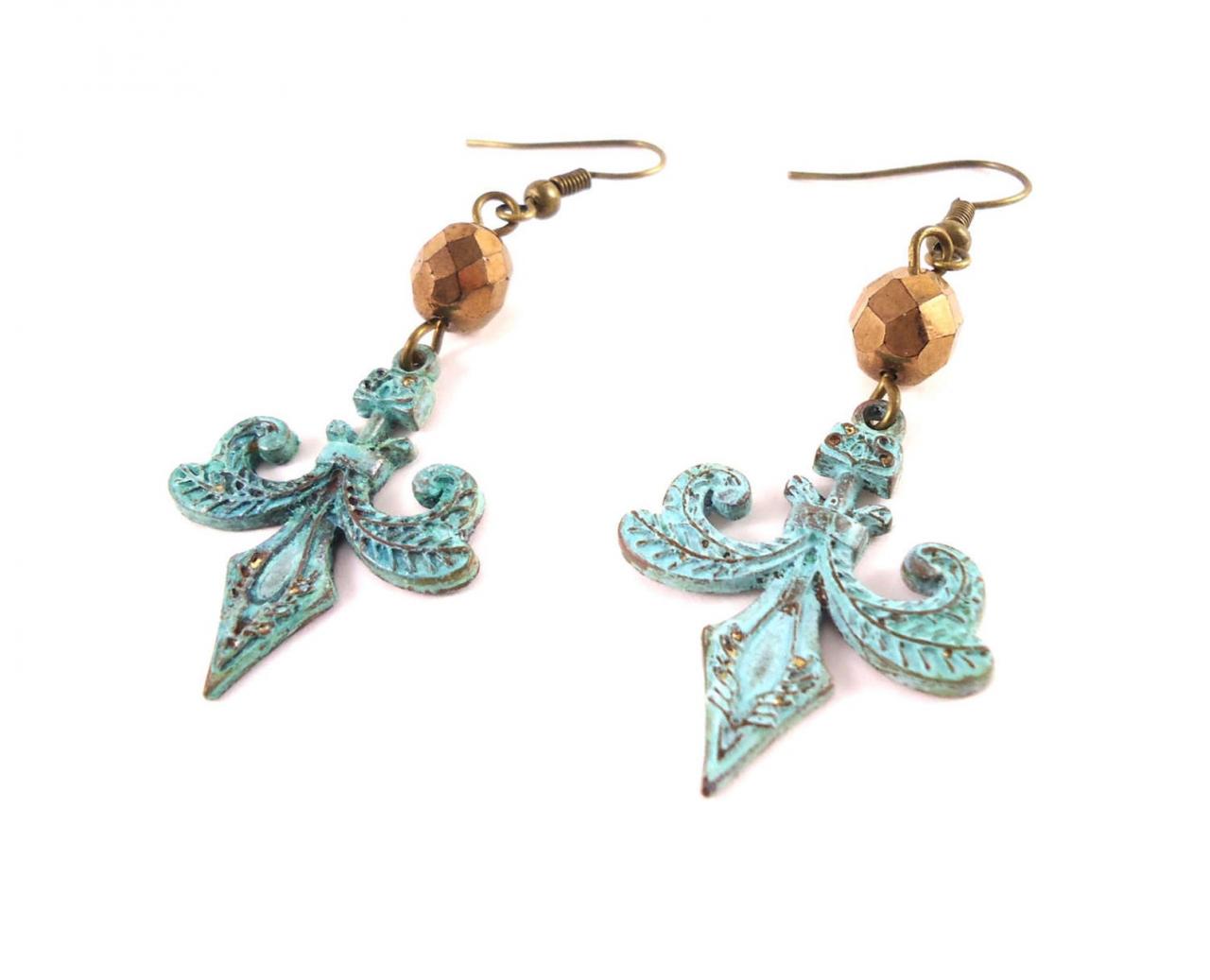 Fleur De Lis Earrings - Boho Earrings For Sister - Victorian Earrings - Patina Earrings - Rustic Earrings - Girlfriend Jewelry Idea
