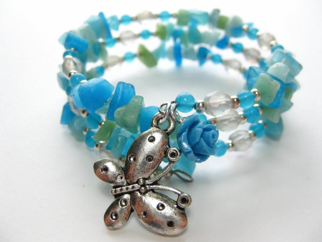 Friend Gift Bracelet - Memory Wire Bracelet - Quartz Bracelet - Silver Bracelet - Stone Chip Bracelet - Blue Wrap Bracelet - Butterfly