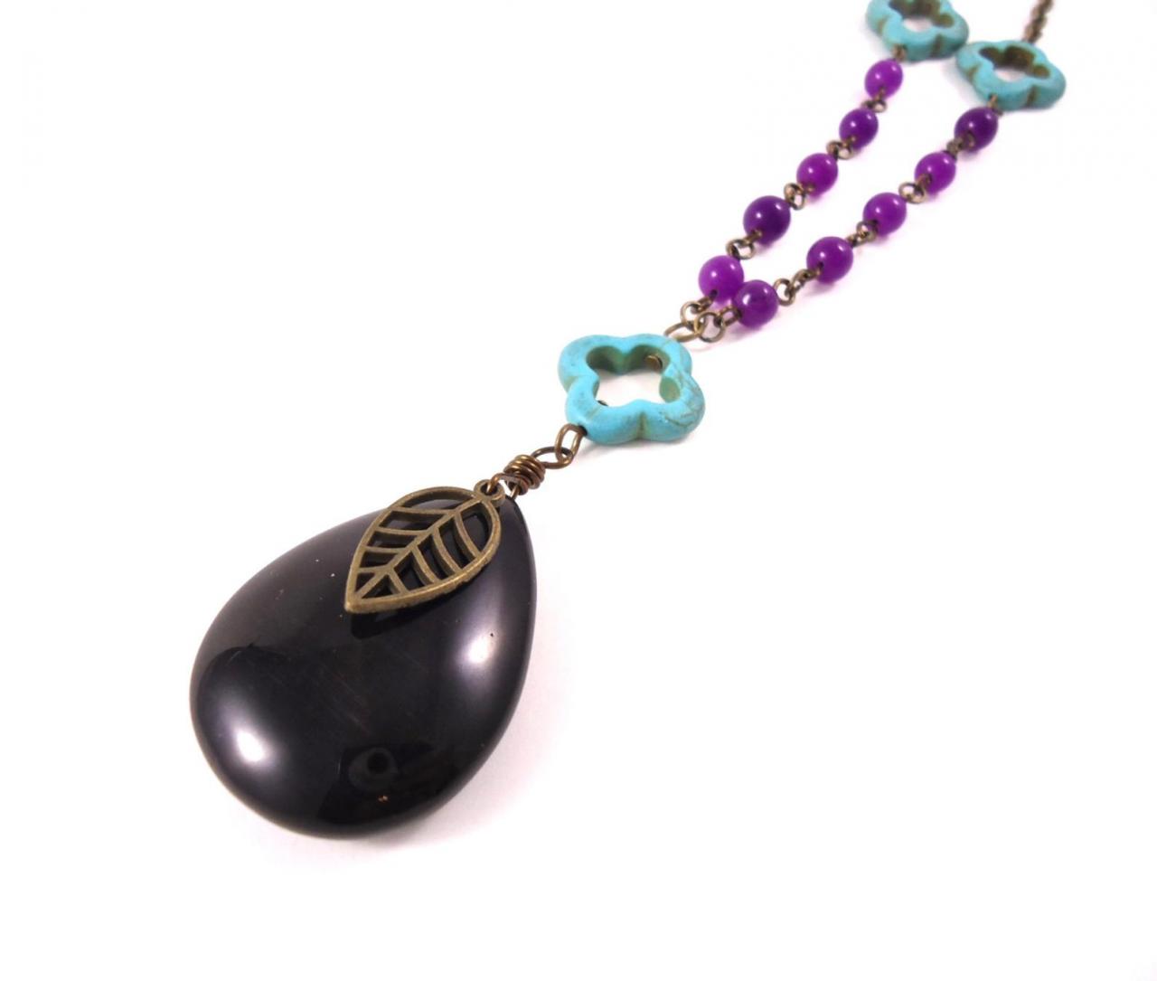 Black Layered Necklace - Colorful Necklace - Boho Necklace Purple - Purple Boho Necklace - Onyx Necklace - Black Onyx Necklace - Teardrop