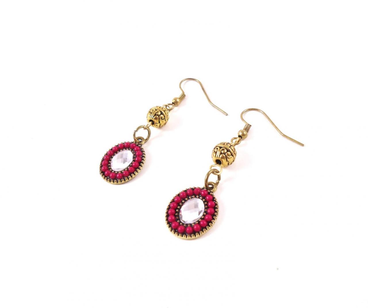 Gold Drop Earrings - Long Gold Earrings - Pink Drop Earrings - Gold Oval Earrings - Pink Dangle Earrings - Oval Drop Earrings - Pink Boho