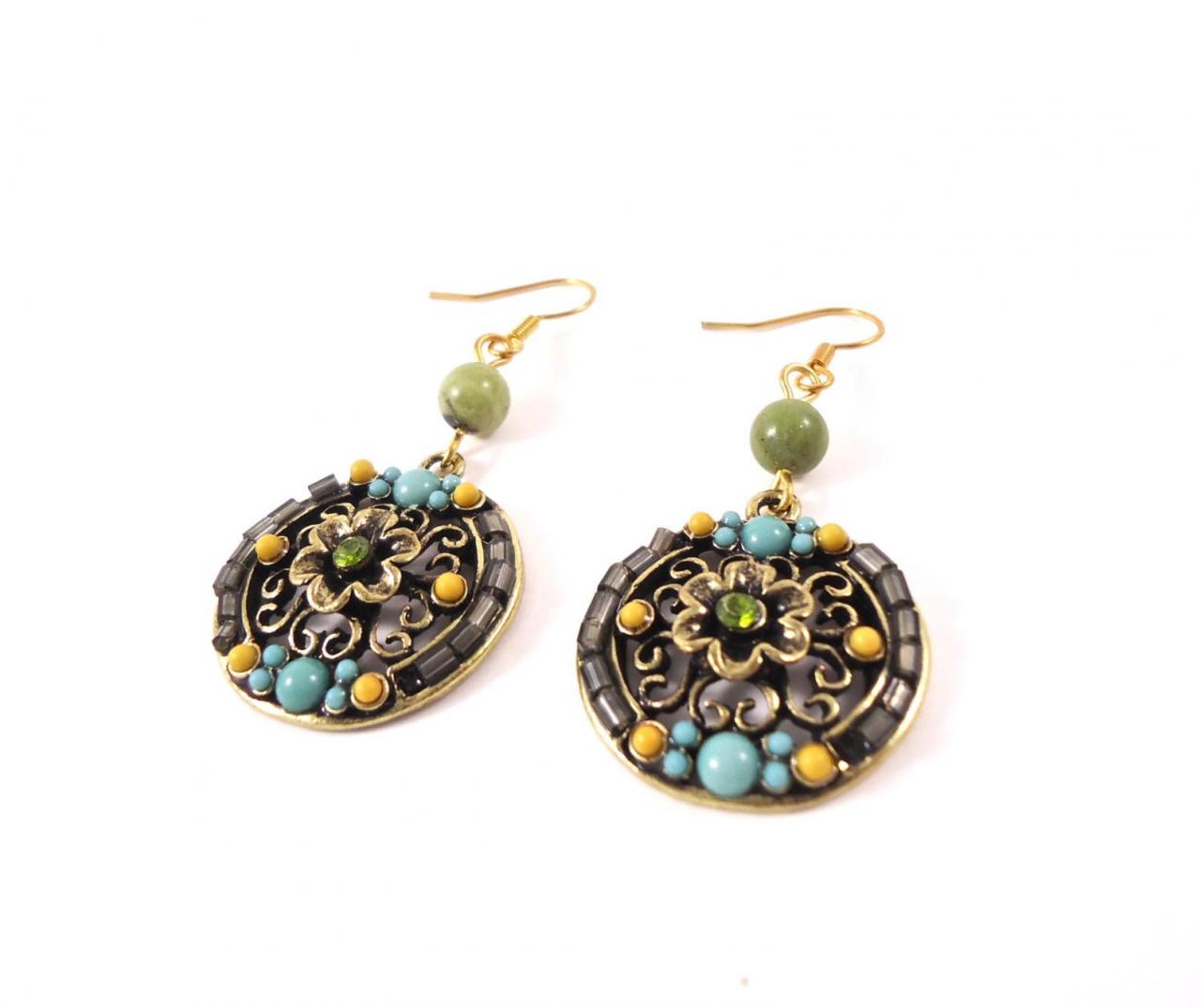 Flower Earrings - Flower Jewelry - Gold Flower - Filigree Earrings - Round Gold Earrings - Turquoise Earrings - Fall Earrings - Fall Jewelry