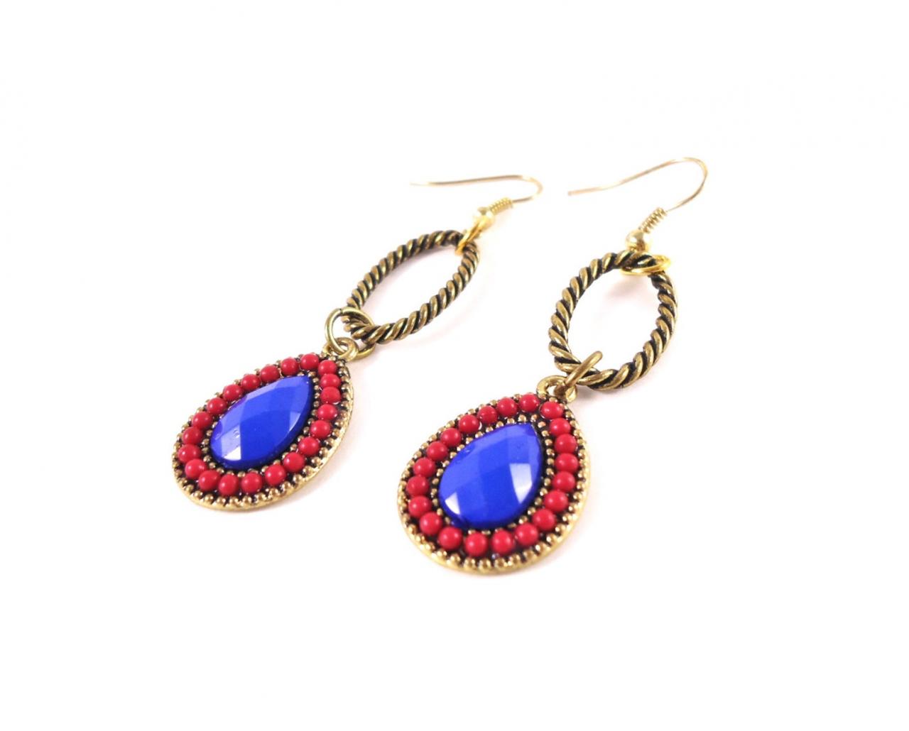 Blue Earrings - Pink Drop Earrings - Gold Drop Earrings - Blue Drop Earrings - Boho Pink Earrings - Gold Earrings - Blue Dangle Gold