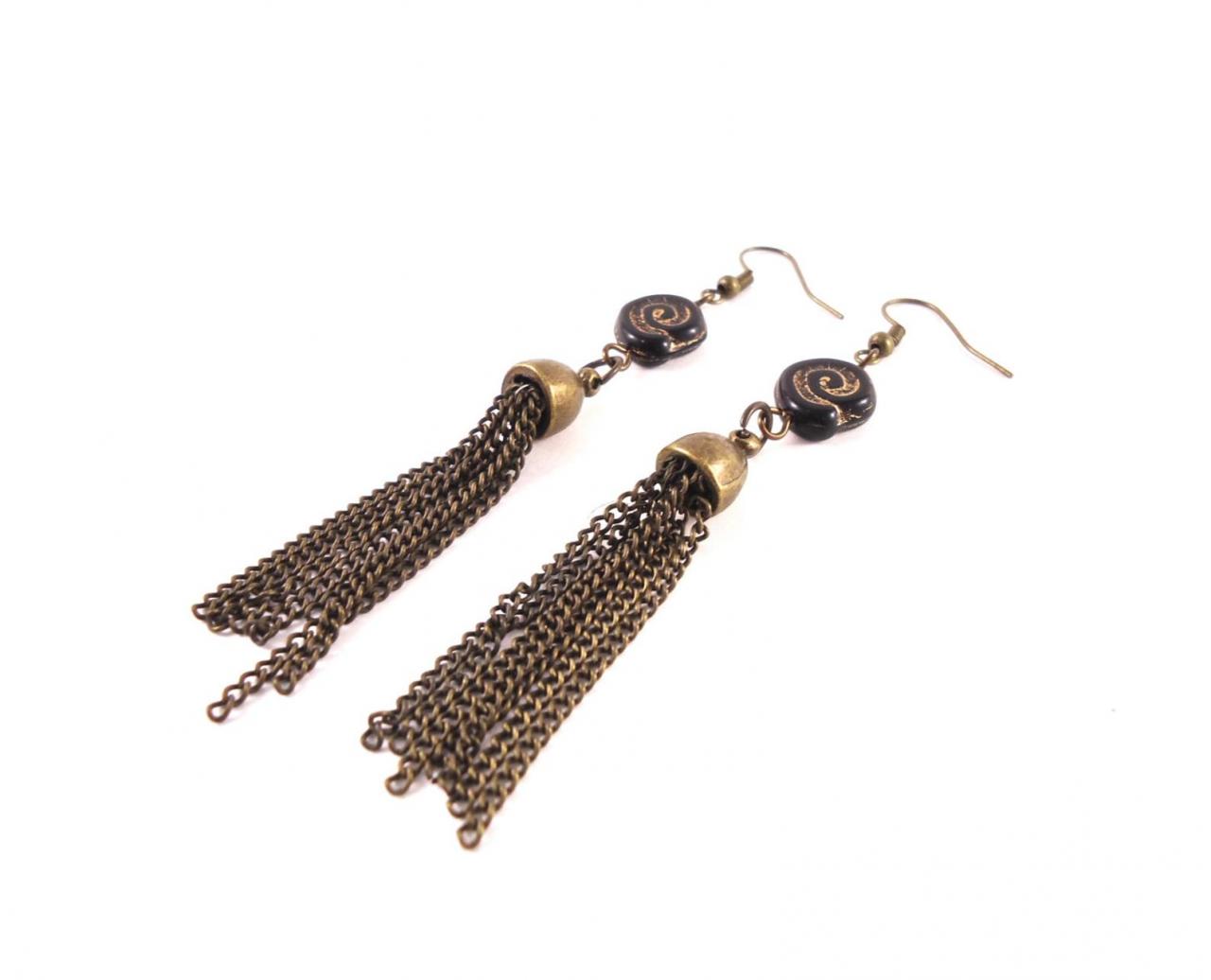 Chain Tassel Earring - Fringe Earrings - Statement Earrings - Brass Tassel Earrings - Black Tassel - Tassel Jewelry - Dangle Earrings
