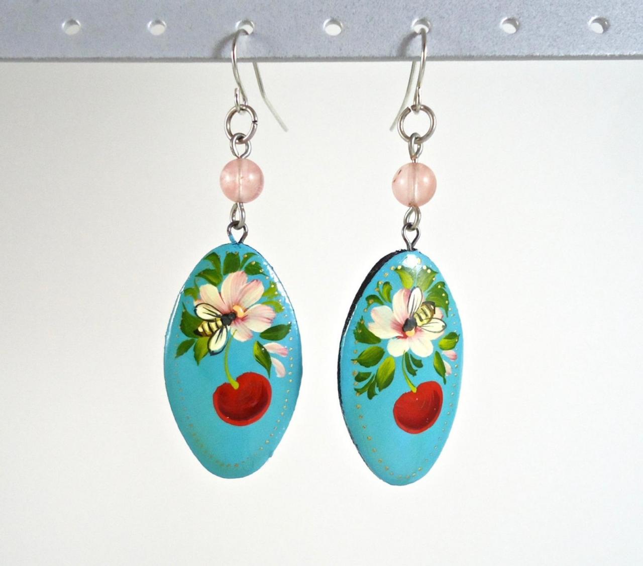 Wooden Jewelry - Boho Earrings - Flower Earrings - Floral Earrings - Wooden Earrings - Wood Jewelry - Painted Wood Earrings - Bee Jewelry