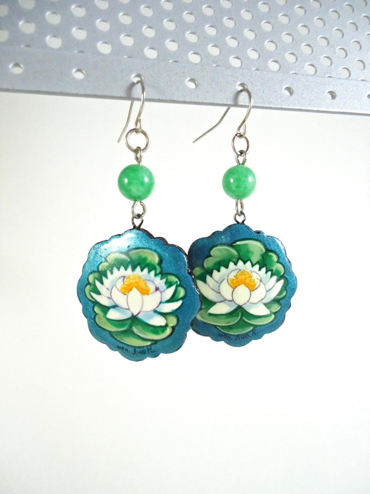 Wood Painted Jewelry - Floral Earrings - Wood Painted Earrings - Flower Boho Earrings - Lotus Jewelry - Blue Yoga Jewelry - Wooden Earrings