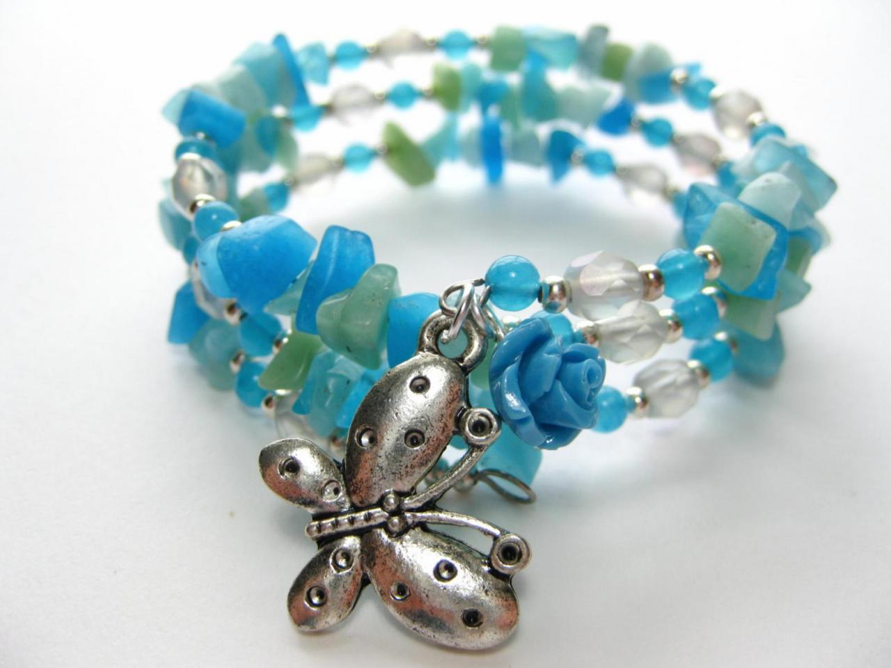Blue Floral Bracelet - Blue Hippie Bracelet - Wrap Bracelet Blue - Boho Wrap Bracelet - Layered Bracelets - Layer Bracelets - Layering Brace