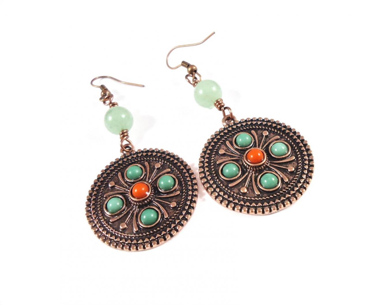 Orange Boho Earrings - Green Everyday Earrings - Green Women Earrings - Boho Green Earrings - Orange Everyday Earrings - Rustic Earrings