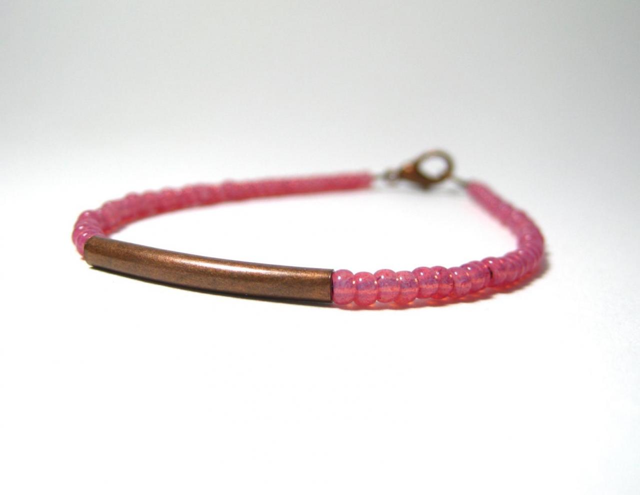 Pink Copper Bar Bracelet, Friendship Bracelet, Pulsera, Valentines Gift, Pink Beaded Bracelet, Pink Bracelet, Minimalist Jewelry, Rose Brace