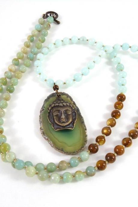 Amazonite Mala Necklace - Buddha Pendant Necklace - 108 Mala Prayer Beads