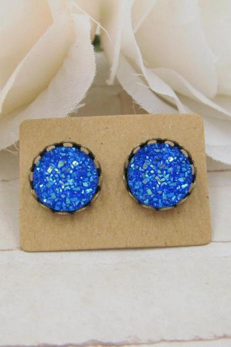 Royal Blue Druzy Earrings - Iris Druzy Stud Earrings - Faux Druzy Post Earrings