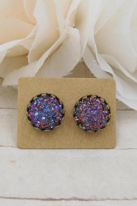 Purple Blue Druzy Earrings - Iris Druzy Stud Earrings - Faux Druzy Post Earrings