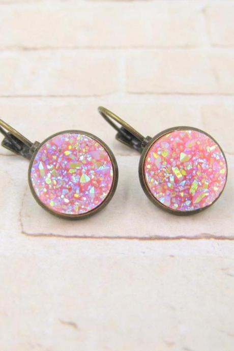 Pink Druzy Earrings - Druzy Dangle Earrings