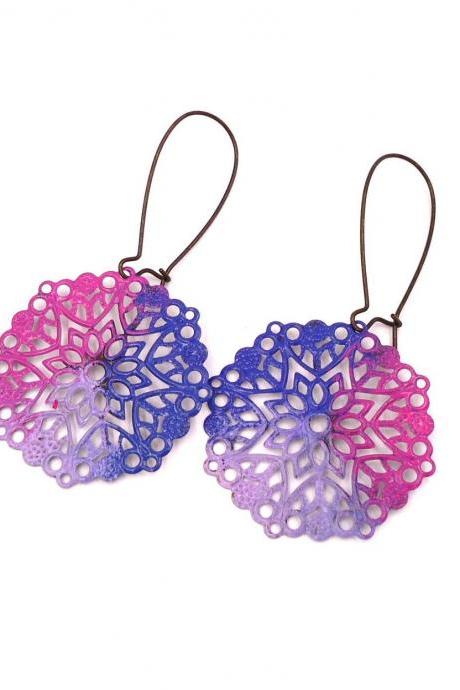 Pink Blue Earrings - Round Earrings - Unicorn Jewelry - Gift for Girl - Lightweight Earrings - Floral Earrings - Everyday Jewelry