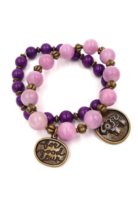 Purple Jade Bracelet - Wife Gift - Gift for Her - Crystals Bracelet - Charm Bracelet - Bohemian Bracelet - Elephant Bracelet - Jade Stone