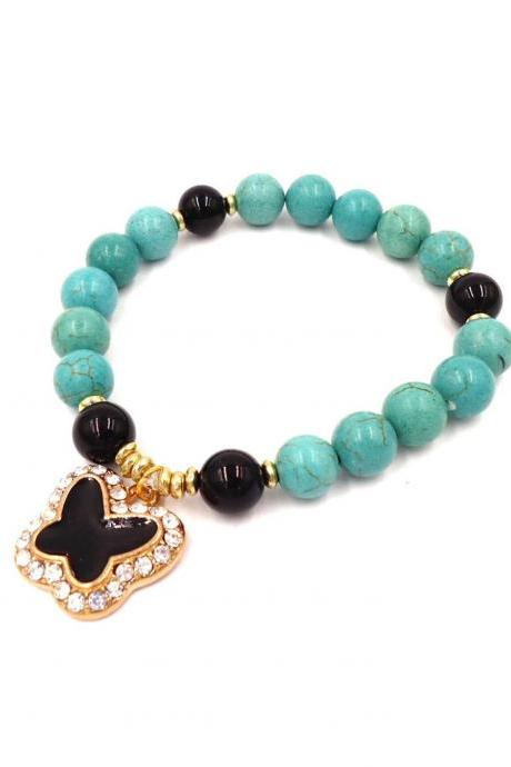 Turquoise Bracelet - Turquoise Magnesite Black Agate Healing Stones Beaded Bracelet Butterfly Charm Bracelet Boho Bracelet Gemstone Bracelet