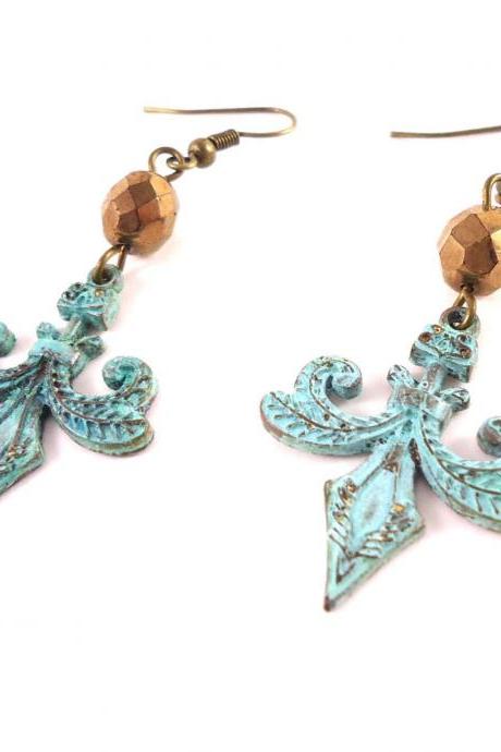 Fleur de Lis Earrings - Boho Earrings for Sister - Victorian Earrings - Patina Earrings - Rustic Earrings - Girlfriend Jewelry Idea