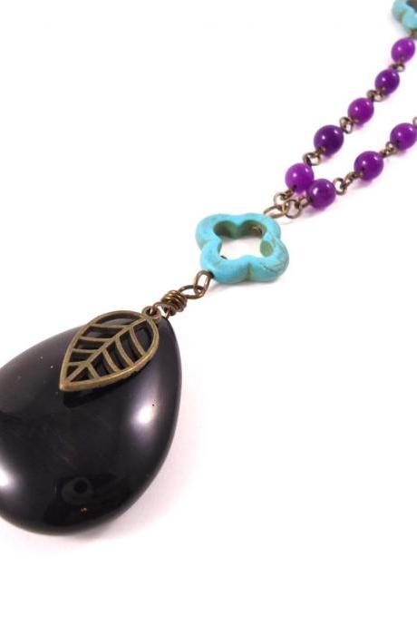 Black Layered Necklace - Colorful Necklace - Boho Necklace Purple - Purple Boho Necklace - Onyx Necklace - Black Onyx Necklace - Teardrop
