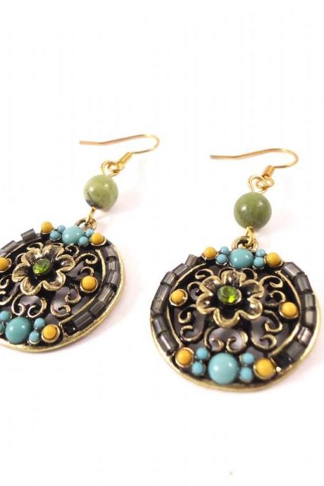 Flower Earrings - Flower Jewelry - Gold Flower - Filigree Earrings - Round Gold Earrings - Turquoise Earrings - Fall Earrings - Fall Jewelry