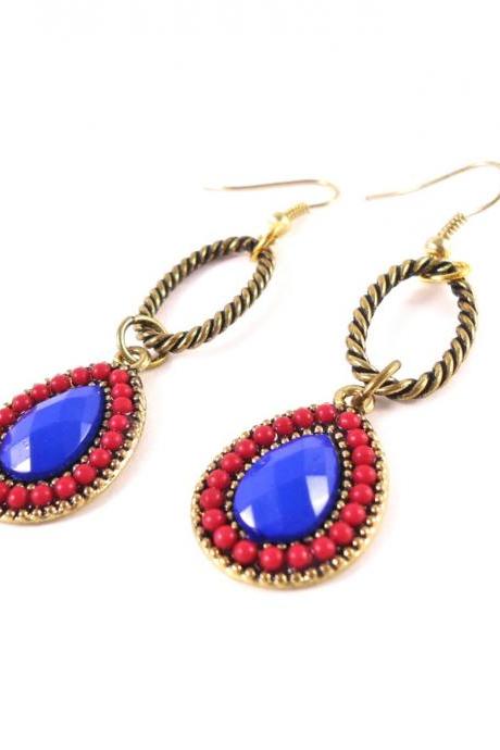 Blue Earrings - Pink Drop Earrings - Gold Drop Earrings - Blue Drop Earrings - Boho Pink Earrings - Gold Earrings - Blue Dangle Gold