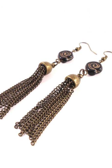 Chain Tassel Earring - Fringe Earrings - Statement Earrings - Brass Tassel Earrings - Black Tassel - Tassel Jewelry - Dangle Earrings