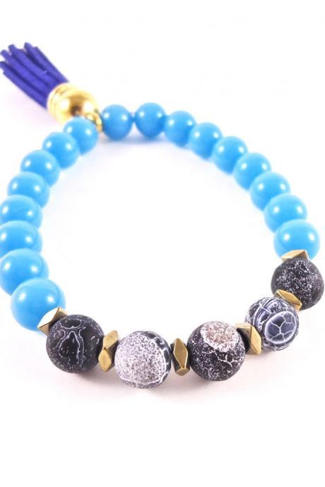 Blue Tassel Bracelet - Blue Jade Bracelet - Mini Tassel Bracelet - Blue Beaded Bracelet - Boho Tassel Bracelet - Gemstone Bracelet - Gypsy