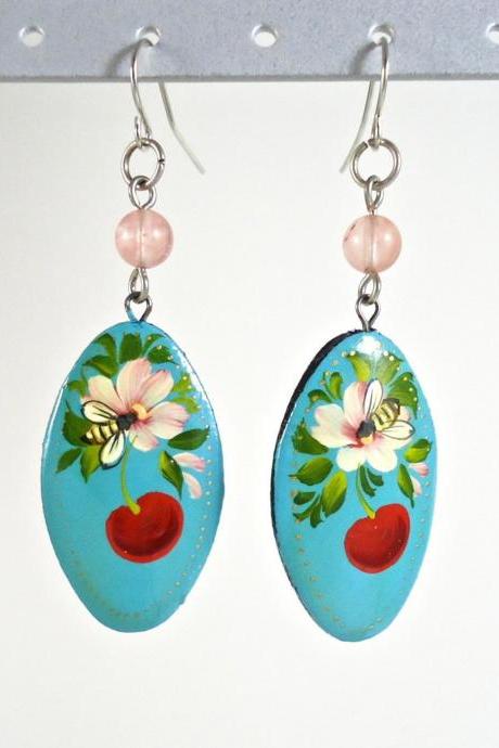 Wooden Jewelry - Boho Earrings - Flower Earrings - Floral Earrings - Wooden Earrings - Wood Jewelry - Painted Wood Earrings - Bee Jewelry