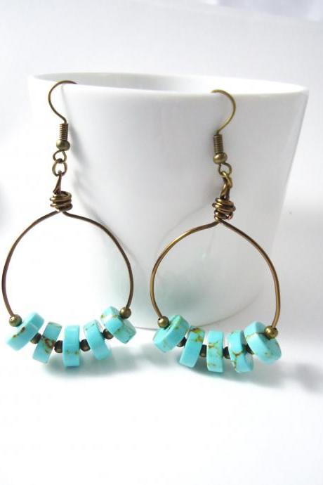 Turquoise Hoop Earrings - bead hoop earrings - gold hoop earrings - turquoise earrings - turquoise jewelry - gold earrings - gold jewelry