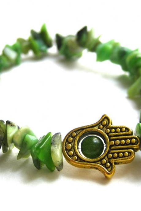 Green Turquoise Bracelet, Hamsa Hand Bracelet, Turquoise Bracelet, Turquoise Jewelry, Gold Hamsa Hand, Hamsa Jewelry, Green Beaded Bracelet