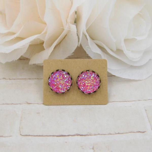 Pink Red Druzy Earrings - Iris Druzy Stud Earrings - Faux Druzy Post Earrings