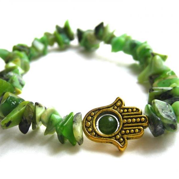 Green Turquoise Bracelet, Hamsa Hand Bracelet, Turquoise Bracelet, Turquoise Jewelry, Gold Hamsa Hand, Hamsa Jewelry, Green Beaded Bracelet